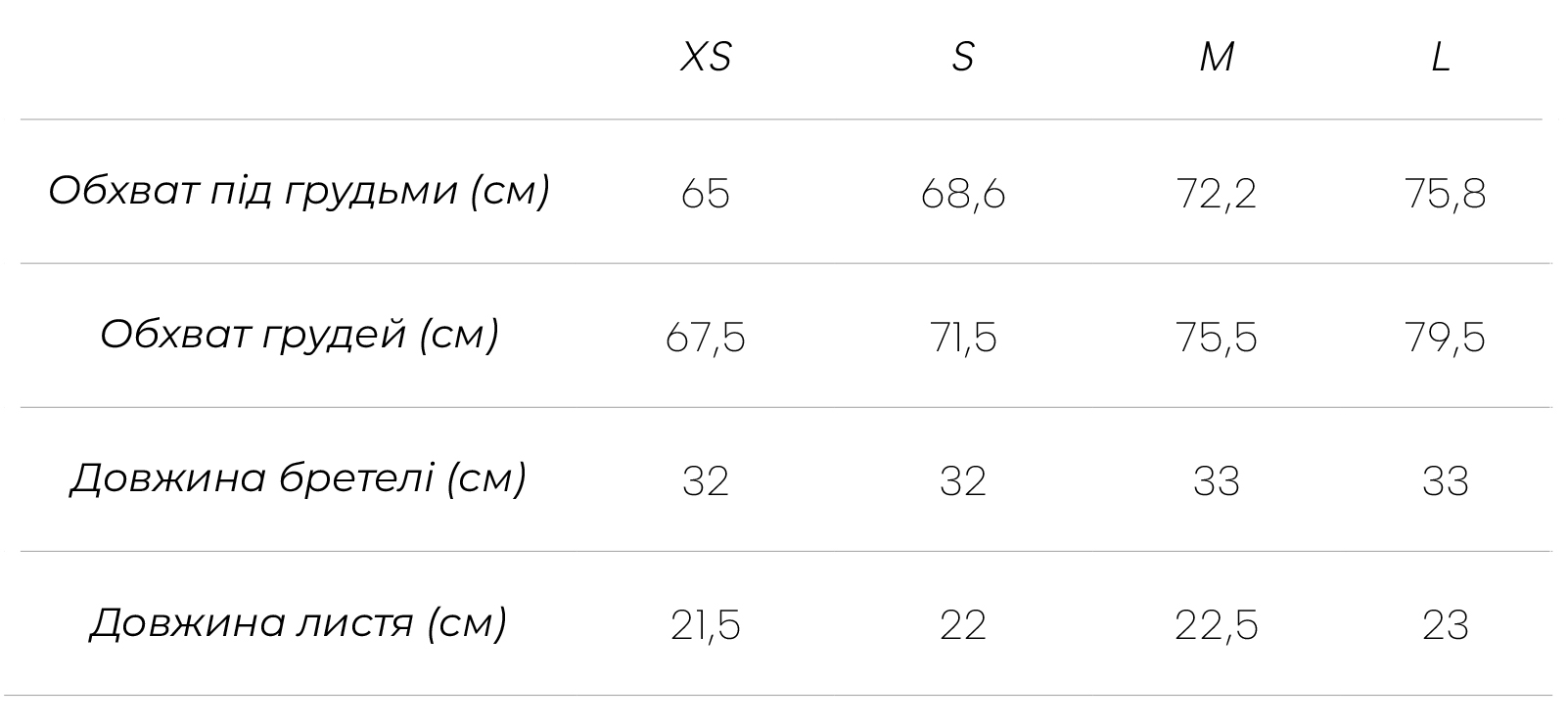 Measurements укр Yasmin Bralette